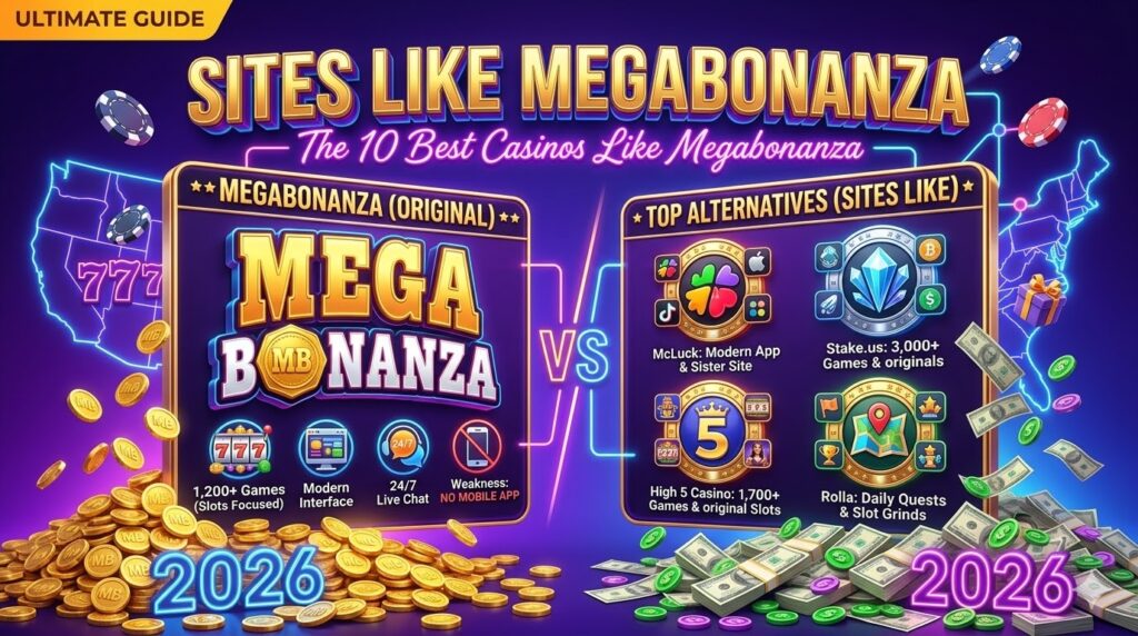 Dimensioned horizontal 3D illustrative featured image, centered on a massive, highly reflective, perfectly reproduced 3D neon reproduction of the entire "MEGA BONANZA" logo with its precise gold medal from image_43.png as the main element. Above it, massive 3D gold and neon text says "SITES LIKE MEGABONANZA". Sub-header: "The 10 Best Casinos Like Megabonanza". Split-panel comparisons are made: 'MEGABONANZA (ORIGINAL)' with metrics (1,200+ Games (Slots Focused), Modern Interface, 24/7 Live Chat, Weakness: NO MOBILE APP) on the left, and 'TOP ALTERNATIVES (SITES LIKE)' with generic premium medals (McLuck modern phone/sister-app medal, Stake.us crystal/originals/crypto medal, High 5 classic star/original slots/live dealer medal, Rolla map/quests/leaderboard medal) and categories (McLuck: Modern App & Sister Site, Stake.us: 3,000+ Games & originals, High 5 Casino: 1,700+ Games & original Slots, Rolla: Daily Quests & Slot Grinds) on the right. Piles of mixed Gold and Sweeps Coins, cash, neon USA map, and floating poker chips fill the background. Optimized for 'sites like megabonanza'.