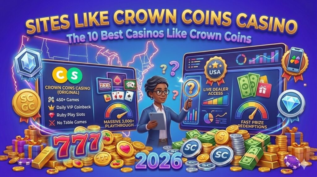 Dimensioned horizontal 3D illustrative featured image, centered on an intricate, complex evaluation matrix screen as the main element, which precisely reproductions the yellow 'C' coin and green 'S' coin logo from image_33.png in its upper-left, labeled 'CROWN COINS CASINO (ORIGINAL)'. The matrix lists metrics for the original: (450+ Games, Daily VIP Coinback, Ruby Play Slots, No Table Games). Above the screen, large neon 3D text says "SITES LIKE CROWN COINS CASINO". Sub-header: "The 10 Best Casinos Like Crown Coins". The matrix displays data dials and meters for alternatives: (LOWER 1x PLAYTHROUGH, MASSIVE 3,000+ GAMES, LIVE DEALER ACCESS, FAST PRIZE REDEMPTIONS). Premium generic alternative medals (Stake crystal medal, McLuck phone/app medal, High 5 Diamond medal) are dynamic around the matrix. An expert evaluator character with a magnifying glass and tablet points to the matrix. Piles of mixed coins, cash, Gift Boxes, and a neon '2026' fill the background. Optimized for 'sites like crown coins casino'.