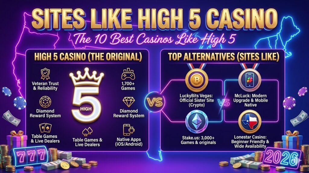 Comparison of sites like High 5 Casino featuring top alternative sweepstakes casinos, sister sites, and new SC bonus offers.