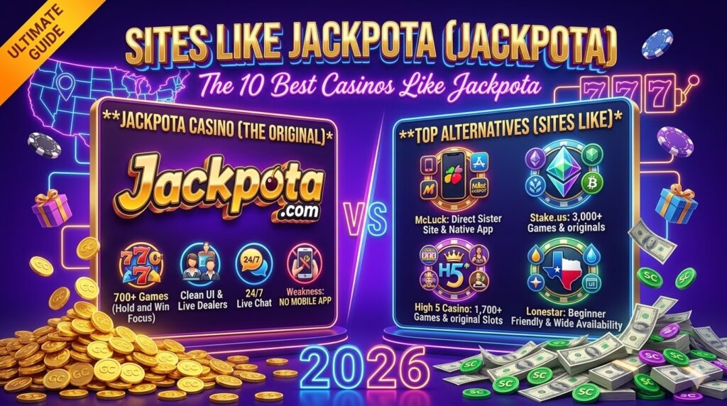 Dimensioned horizontal 3D illustrative featured image, centered on a massive, highly reflective, perfectly reproduced 3D neon reproduction of the entire golden "Jackpota.com" logo with its precise cherry element on the 'o' from image_46.png as the main element. Above it, massive 3D gold and neon text says "SITES LIKE JACKPOTA (JACKPOTA)". Sub-header: "The 10 Best Casinos Like Jackpota". Split-panel comparisons are made: 'JACKPOTA CASINO (THE ORIGINAL)' with metrics (700+ Games (Hold and Win Focus), Clean UI & Live Dealers, 24/7 Live Chat, Weakness: NO MOBILE APP) on the left, and 'TOP ALTERNATIVES (SITES LIKE)' with generic premium medals (McLuck phone/sister-app/McJackpot medal, Stake.us crystal/originals/crypto medal, High 5 classic star/original slots/live dealer medal, Lonestar map/drops/clean UI medal) and categories (McLuck: Direct Sister Site & Native App, Stake.us: 3,000+ Games & originals, High 5 Casino: 1,700+ Games & original Slots, Lonestar: Beginner Friendly & Wide Availability) on the right. Piles of mixed Gold and Sweeps Coins, cash, neon USA map, and floating poker chips fill the background. Optimized for 'sites like jackpota'.