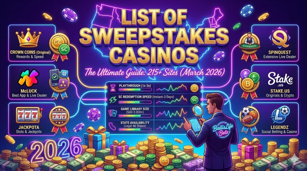 Dimensioned horizontal premium comparison infographic centered on a massive dimensional gold and neon text: "LIST OF SWEEPSTAKES CASINOS", with smaller flowing neon sub-text: "The Ultimate Guide: 215+ Sites (March 2026)". Feature-rich matrix with metrics and generic premium metaphorical generic logos for top types of sites (like Crown, SpinQuest, Stake, McLuck) connected by neon lines. Stylized Ballislife expert analyst character with magnifying glass and tablet points to thematrix. Massive piles of mixed gold coins (GC), cash, and sweeps coins (SC) overflow at the bottom, with integrated glowing neon '2026'. Neon USA map, floating poker chips, gift boxes, and glowing '777'. Polished textures, dramatic horizontal horizontal composition for a blog featured image. Optimized for 'list of sweepstakes casinos'.