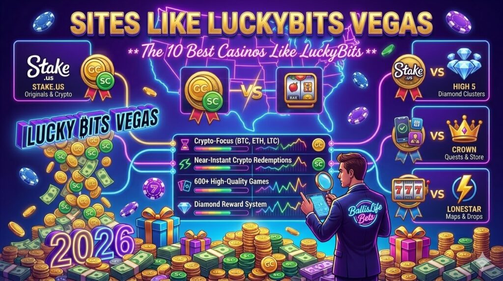 Dimensioned horizontal 3D illustrative featured image, centered on a dimensional, sharply illuminated 3D neon-white reproduction of the complete, precise black text "LUCKY BITS VEGAS" with its distinct stylized Bitcoin 'B' character from image_57.png, as the main element. Above it, massive 3D gold and neon text says "SITES LIKE LUCKYBITS VEGAS". Sub-header: "The 10 Best Casinos Like LuckyBits". Split-panel comparisons are made: 'LUCKY BITS VEGAS (ORIGINAL)' with metrics (Crypto-Focus (BTC, ETH, LTC), Near-Instant Crypto Redemptions, 600+ High-Quality Games, Diamond Reward System) on the left, and 'TOP ALTERNATIVES (SITES LIKE)' with generic premium medallions (Stake originals/library medal, High 5 Diamond cluster medal, McLuck phone/app/slot screen medal, Rolla quest/reel medal, Crown coin/store medal, Megabonanza Megaways pattern medal, Jackpota progressive icon medal, Lonestar map/Drops medal, SpeedSweeps lightning/speed medal) on the right. Piles of mixed Gold and Sweeps Coins, cash, neon USA map, and floating poker chips fill the background. Optimized for 'sites like luckybits vegas'.