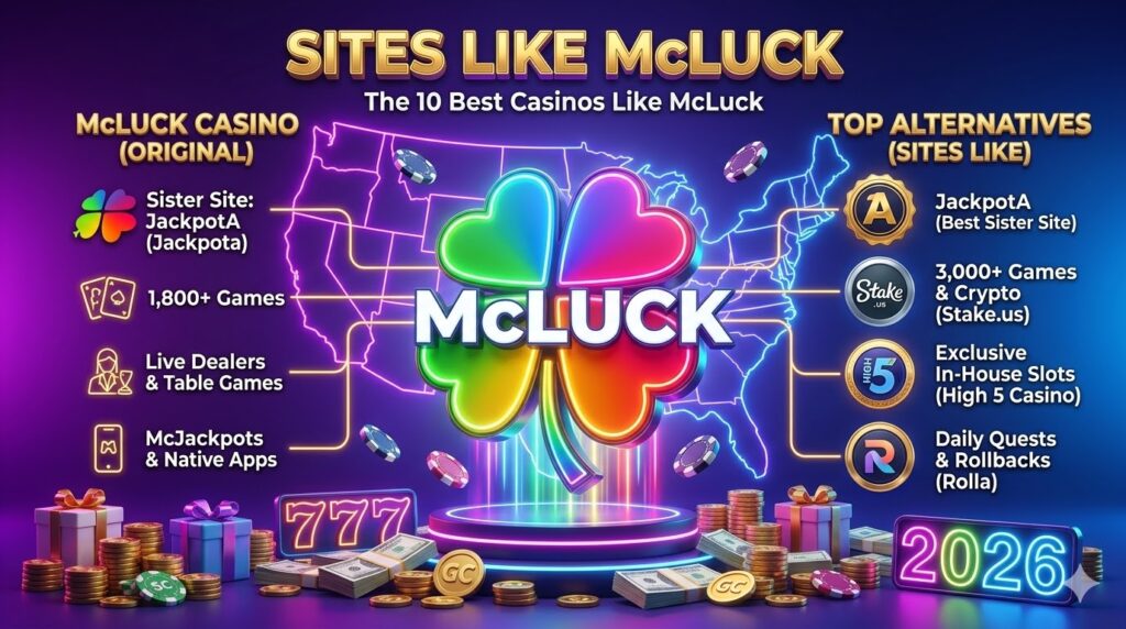 Dimensioned horizontal 3D illustrative featured image, centered on a massive, highly reflective, perfectly reproduced multicolored clover leaf and white "McLUCK" text from image_36.png as the main element. Above it, massive dimensional gold and neon text says "SITES LIKE McLUCK", with smaller sub-text: "The 10 Best Casinos Like McLuck". A split comparison is shown: "McLUCK CASINO (ORIGINAL)" with metrics (Sister Site: JackpotA (Jackpota), 1,800+ Games, Live Dealers & Table Games, McJackpots & Native Apps) on the left, and "TOP ALTERNATIVES (SITES LIKE)" with generic premium medals (Stake crypto medal, High 5 Diamond medal, Rolla generic quest medal) and metrics (JackpotA (Best Sister Site), 3,000+ Games & Crypto (Stake.us), Exclusive In-House Slots (High 5 Casino), Daily Quests & Rollbacks (Rolla)) on the right. Piles of mixed Gold and Sweeps Coins, cash, neon USA map, and floating poker chips fill the background. Optimized for 'sites like mcluck'.