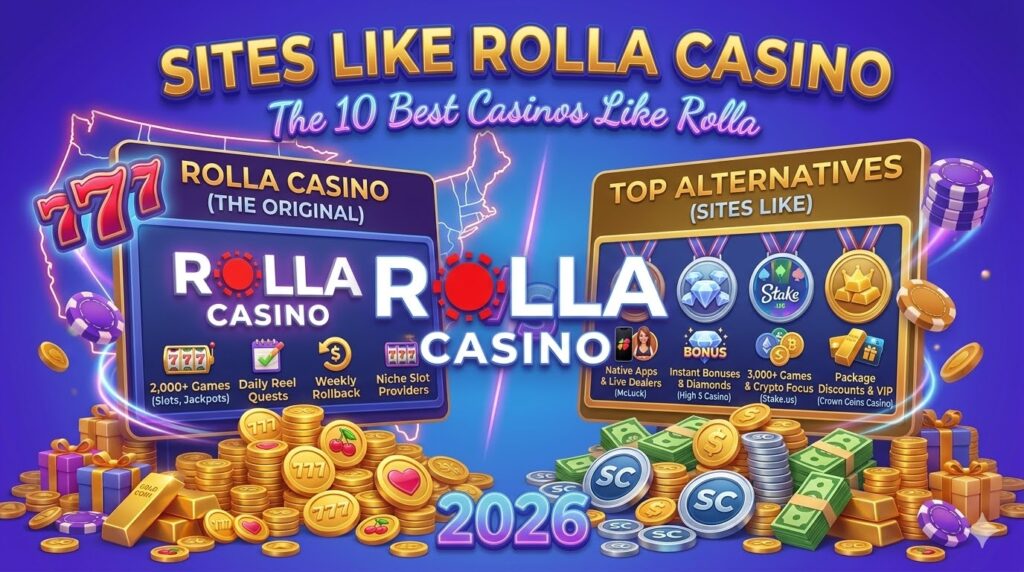 Dimensional horizontal 3D illustrative featured image, centered on a massive, perfectly reproduced 3D white neon ROLLA CASINO logo from image_29.png, with its specific white text and red stylized 'o' (chip/sun design) in the center as the main element. Above it, massive 3D gold and neon text says "SITES LIKE ROLLA CASINO". Sub-header: "The 10 Best Casinos Like Rolla". Split-panel comparisons are made: 'ROLLA CASINO (THE ORIGINAL)' with metrics (2,000+ Games, Daily Reel Quests, Weekly Rollback, Niche Slot Providers) on the left, and 'TOP ALTERNATIVES (SITES LIKE)' with generic premium medals (McLuck crystal/phone medal, High 5 Casino bonus/diamond medal, Stake.us crypto/original medal, Crown Coins package medal) and categories (Native Apps & Live Dealers (McLuck), Instant Bonuses & Diamonds (High 5 Casino), 3,000+ Games & Crypto Focus (Stake.us), Package Discounts & VIP (Crown Coins)) on the right. Piles of mixed Gold and Sweeps Coins, cash, neon USA map, and floating poker chips fill the background. Optimized for 'sites like rolla casino'.