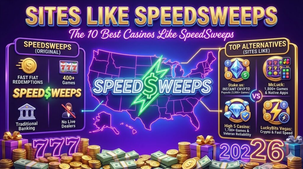 Dimensional horizontal 3D illustrative featured image, centered on a massive, perfectly reproduced 3D white neon reproduction of the exact "SPEEDSWEEPS" logo with its green lightning $ from image_39.png, as the main element. Above it, massive dimensional gold and neon text says "SITES LIKE SPEEDSWEEPS". Sub-header: "The 10 Best Casinos Like SpeedSweeps". Split-panel comparisons are made: 'SPEEDSWEEPS (ORIGINAL)' with metrics (400+ Games, Traditional Banking, No Live Dealers, FAST FIAT REDEMPTIONS) on the left, and 'TOP ALTERNATIVES (SITES LIKE)' with generic premium medals (Stake crypto medal, McLuck phone/app medal, High 5 Diamond medal, LuckyBits Vegas lightning/speed medal) and categories (Stake.us: INSTANT CRYPTO Payouts (3,000+ Games), McLuck: 1,800+ Games & Native Apps, High 5 Casino: 1,700+ Games & Veteran Reliability, LuckyBits Vegas: Crypto & Fast Speed) on the right. Piles of mixed Gold and Sweeps Coins, cash, neon USA map, and floating poker chips fill the background. Optimized for 'sites like speedSweeps'.